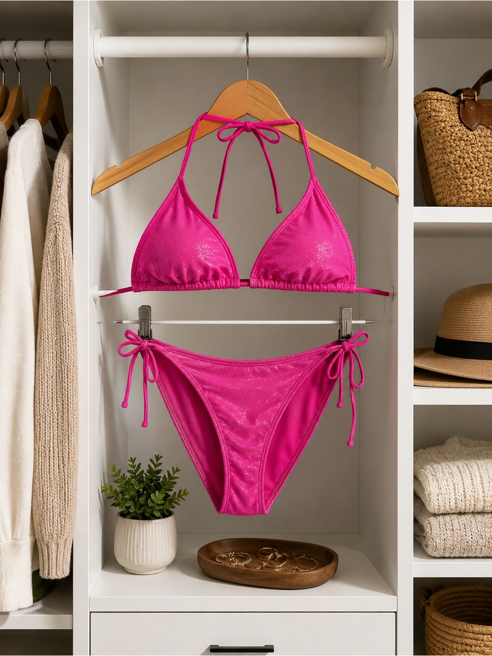 Women’s Tie Triangle Bikini - Hot Pink Sparkles